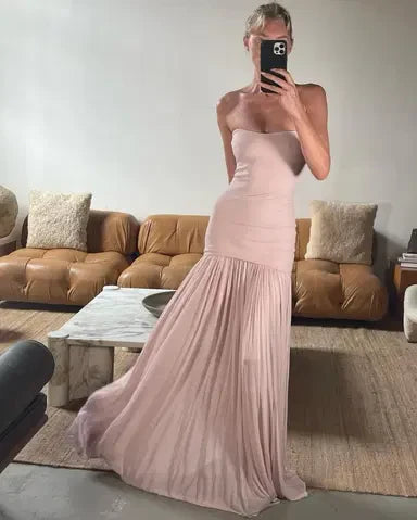 Weitese Dress Beautiful Mermaid Strapless Neckline Pink Long Chiffon Party Dresses Prom Dress